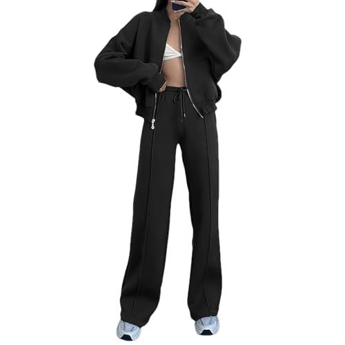 amropi Tuta da Donna Giacca con Cerniera e Pantaloni Jogging Tute 2 Pezzi Sportivo Completo Nero, XL