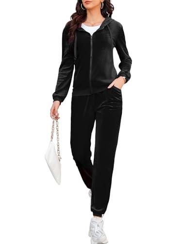 Aottori Tuta Sportiva Donna Velluto Tute da Ginnastica Set 2 Pezzi Pigiama Set Casual Tuta da Casa Ciniglia Invernale per Jogging Training Yoga Nero S