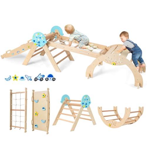 COSTWAY 8 in 1 Set da Arrampicata per Bambini, Giocattoli da Arrampicata in Legno con Triangolo Arco Rampa e Corda, Giochi Montessori per Bambini 1 Anni + (Astronauta 4 pezzi, Naturale)