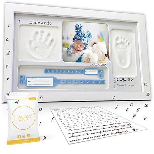 LALFOF® Cornice Impronta Mani e Piedi Neonati 7in1 Con Nome e Porta Oggetti. Cornice Impronte Neonato Personalizzabile (lista Nascita Bebè).Kit Impronte Mani e Piedi Neonato Dermatologicamente Testato