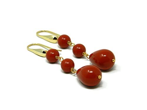 Orecchini in argento dorato con palline e goccia corta di pasta di corallo rosso Sardegna