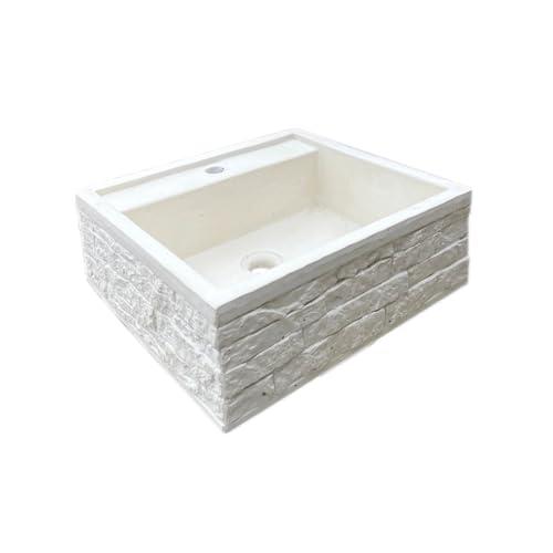 Fanuli manufatti - Pila in cemento bianco installazione sospesa, Rubinetto a piano, lavandino per balcone modello Pietra e bocciardato (Pietra - Stone)