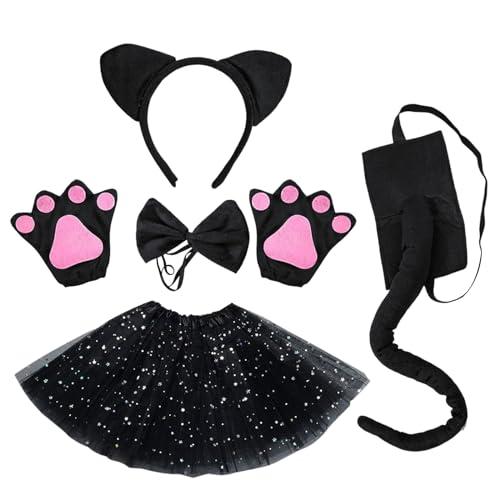 EUPSIIU 5 Pezzi Costume Gatto Bambina, Costume Gatto Carnevale Gonna Tutu Orecchie da Gatto Lungo Coda Guanti Gattino Cravatta a Farfalla Travestimento Gatto Per Halloween Cosplay Festa