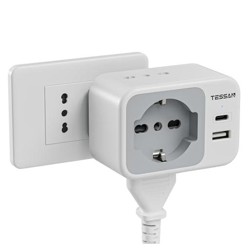 TESSAN Presa Multipla con 1 Schuko e 2 Prese IT, Presa Multipla Salvaspazio con 2 USB, 2500W Caricatore USB C, Adattatore Spina 10A per Cucina, Ufficio, Viaggio, Multipresa da Parete, Grigio