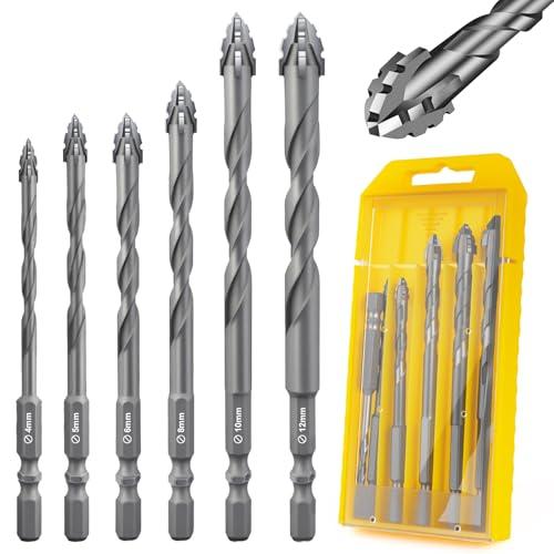 Flintronic Punte per Piastrelle, 6 Pezzi Set di Esagonale Set Punte Trapano, Punte-Trapano Ø4-12mm per Forare Piastrelle, Vetro, Ceramica, Porcellana, Legno, Specchi e Muratura