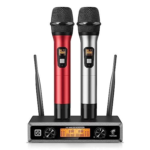 TONOR Sistema di microfono wireless professionali in metallo, senza fili microfono dinamico palmare con ricevitore, per feste a casa, riunioni, KTV, chiesa, DJ, canto, 60m, TW820, Argento e Rosso
