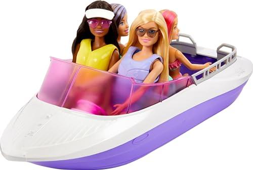 Barbie - Playset Sirene con 2 bambole Malibu e Brooklyn e barca lunga 46+ cm con fondo trasparente per 4 bambole, accessori inclusi, giocattolo per bambini, 3+ anni, HJK58