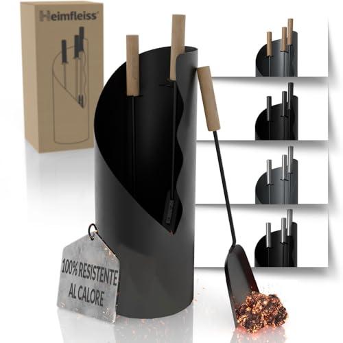 Heimfleiss® Set Camino Nero Moderno | Attrezzi per Camino Set Camino | Kit Camino di Qualità con Attizzatoio, Spazzola-Paletta | Accessori Camino con Manici in Legno