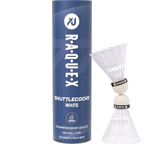 Raquex Volani da Badminton - Piume in Nylon, Tubo di 6 con Testa in Sughero Naturale. Tre Opzioni di velocità, Bianchi o Gialli. per Giocare al Coperto o All'aperto - Medio 77, Bianco