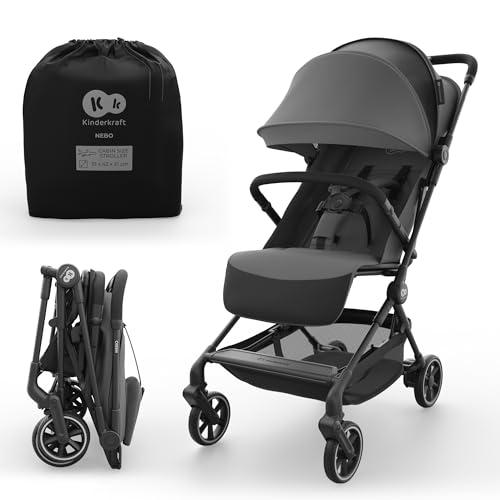 Kinderkraft NEBO passeggino da cabina ultraleggero, chiusura a una mano, resta in piedi da chiuso, 51×43×21 cm, tracolla e borsa, posizione distesa, cinture 5 punti, Grigio