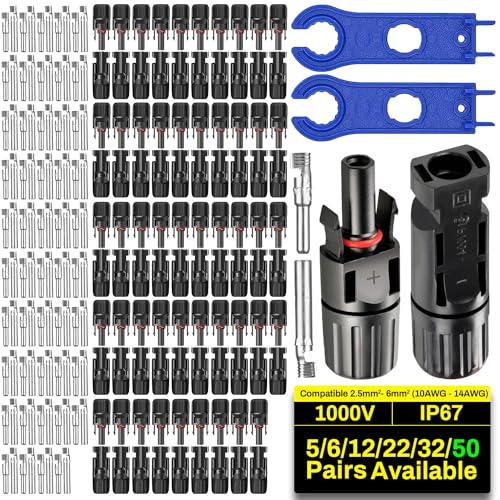 COCOSY 50 Paia Solari Cavo Connettori Con 1 Coppia Di Chiavi, Connettori Solari da Cavo per Pannelli Solari, Connettori Maschio e Femmina per Fotovoltaici PV DIY Cavo, Nero Connettori Fotovoltaici