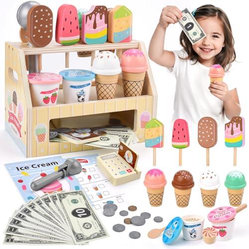 Qufby Gelateria in Legno, Set da Gelateria da 46 PCS, 8 Coni Gelato o 2 Coppe Gelato, Include Banconote e Monete Giocattolo, Calcolatrice e Carte di Credito, Regalo per Bambine di 3, 4, 5, 6 Anni