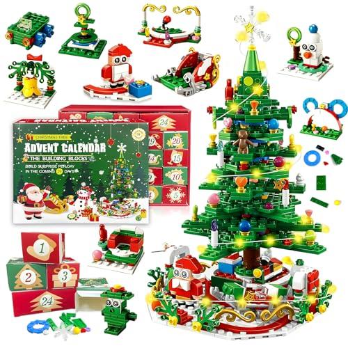 VEEKAY 2025 Calendario dell'Avvento,779 Pezzi Conto Alla Rovescia Natalizio Giocattolo,24 in 1 Blocchi Costruzione Natale Giocattolo Albero di Natale (Albero di Natale – Babbo Natale)