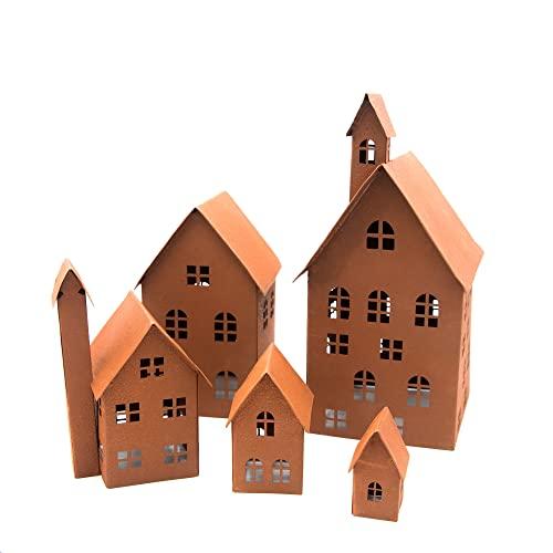 UNUS Set di 5 case decorative, case luminose in metallo per giardino, terrazza, balcone o appartamento (ruggine)