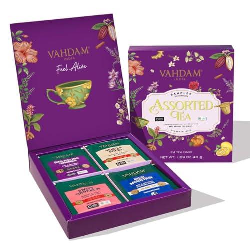 VAHDAM, Set Regalo di Tè Assortiti | Scatola Classica – 24 Gusti Unici in Filtri Piramidali Confezionati Singolarmente | Idee Regalo per Amanti del Tè | Regali per Donna & Uomo