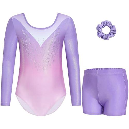 Gogokids Set di body da ginnastica a maniche lunghe da bambina, tre pezzi, con paillettes sfumate, include body, pantaloncini e cravatta per capelli, tuta da danza scintillante per bambini dai 3 ai 12