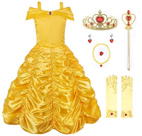 JerrisApparel Principessa Belle Carnevali Costume Vestito da Ragazze (Etichetta 150, Giallo con Accessori)