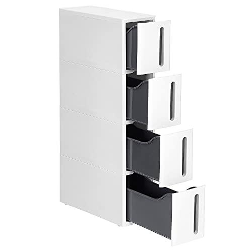 SONGMICS Cassettiera Salvaspazio, Carrello Stretto con 4 Cassetti, Portaoggetti da Bagno, Organizzatore per Cucina, Carrello in PP con Ruote Rimovibili, 45 x 17 x 83 cm, Bianco e Grigio KFR008G01