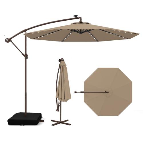 COSTWAY Ombrellone da Giardino con 40 Luci a LED, con Sacco di Sabbia, Ombrellone da Esterno 300 cm con Altezza Regolabile, Ombrellone per Giardino Piscina Patio, 300 x 300 x 250 cm (Marrone)
