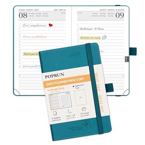 POPRUN Agenda 2026 Giornaliera Piccola, 16 x 10,5 cm, Copertina Morbida, Daily Planner 2026 Tascabile con Portapenne Autoadesivo e Nastro Segnalibro, Carta Spessa da 70 GSM, Verde Pacifico