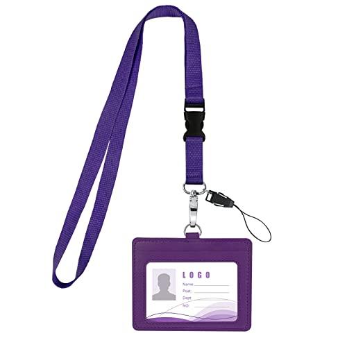Vicloon PortaBadge, Porta Carte in pelle PU, Portabadge Collo con Slot per Schede Portafoglio, Cordino Porta Badge da Collo con la Cinghia del per Carta di Ufficio ID e Scuola (Viola)