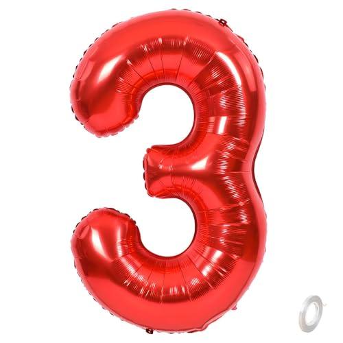 Balorise 40 Pollici Foil Palloncino Rosso Numero 3, Gonfiabili Elio, Grande Numeri 0-9, 10-100 (101cm), Decorazione di Alluminio Palloncini per Festa di Compleanno Anniversario