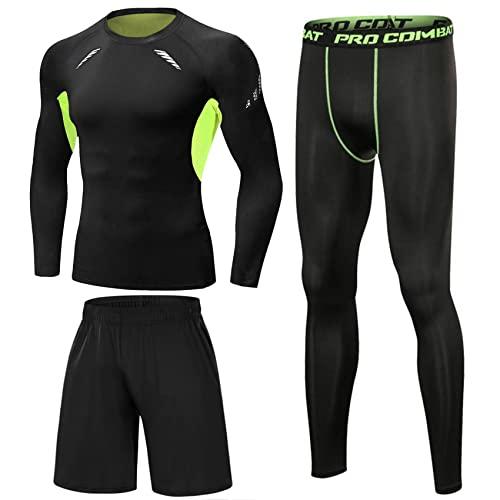 Terecey 3 Pezzi Completo Palestra Uomo, Tuta Compressione Corsa Running Asciugatura Rapida Maglietta Pantaloncini Sportivo Leggings Verde - XL