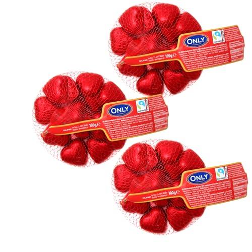 Only - Cuori di cioccolato al latte - Regalo per San Valentino, compleanno, festa della mamma - Decorazione per la cena Candle Light - Delicati cuori di cioccolato, 3 x 100 g - FAIRTRADE