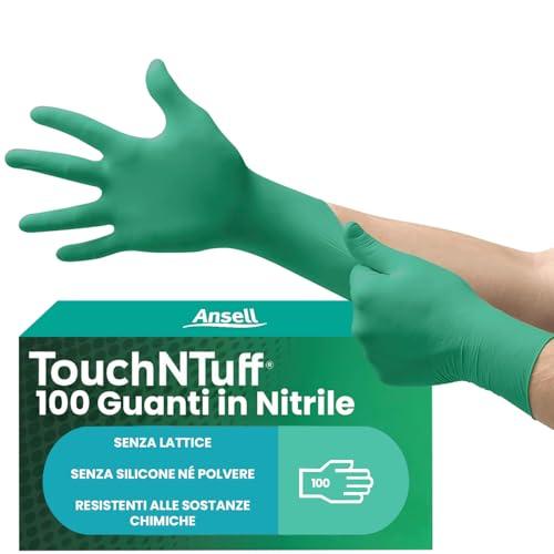 Ansell TouchNTuff 92-600 Guanti Monouso in Nitrile, Senza Polvere, Alta Resistenza Chimica e Meccanica, Protezione degli Alimenti, Usi Professionali e Industriali, Verde, Taglia L (100 Guanti)