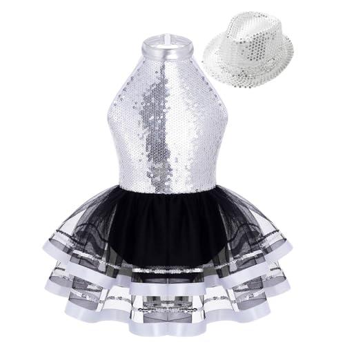 inhzoy Vestito da Pattinaggio Artistico Bambina con Cappello di Paillettes Abito tutù Danza Ballerina Body Danza Classica Ginnastica Ritmica Costume da Ballo Latino Americano Argento 11-12 Anni