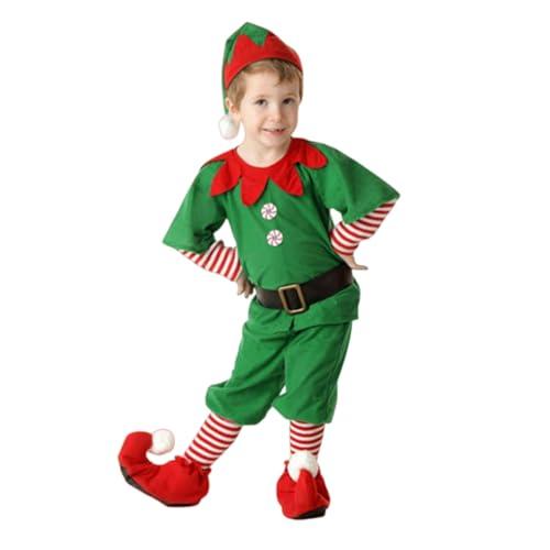 Costume Elfo di Natale Bambino 4 Pezzi Vestito di Natale con Cappello Cintura Calze E Abito Verde Rosso Outfit Natalizio per Feste Spettacoli Scuola Carnevale Travestimento Bambini (A02-B, 3-4 Years)