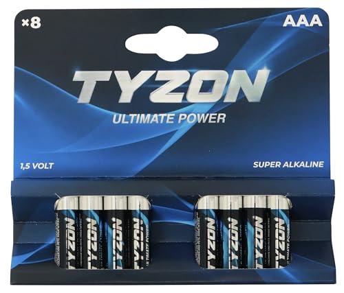 TYZON® Batterie Alcaline AAA 1.5V Confezione da 8 | Lunga Durata, Alta Densità Energetica, Ideali per Basso Consumo Continuo