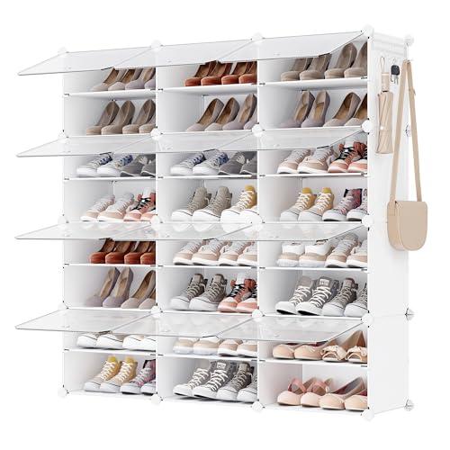 SONGMICS Scarpiera, Scaffale Modulare a 12 Scomparti per 48 Paia di Scarpe da Ingresso, con Sportelli, Telaio in Acciaio e Ripiani in Plastica, Camera da Letto, Bianco e Trasparente LPC040W01