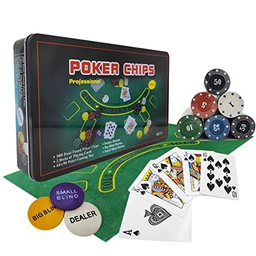 powerking Set da poker per Texas Holdem, Blackjack 300 chip, con tovaglia, gioco per amici e feste