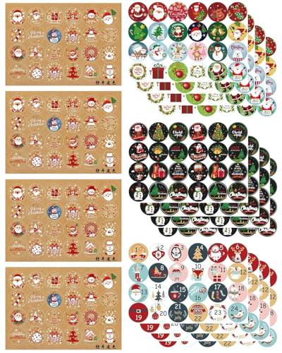 QLEUIFT 384 Pcs Adesivi Natalizi per Calendario Avvento, 1-24 Numeri, Rotondi Kraft, per Regali Fai da Te, Decorazioni Natalizie, 4,5 cm