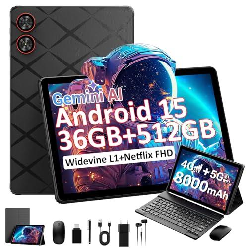 TIGERFU Android 15 Tablet, Tablet 11 Pollici con SIM e WiFi, 36GB+512GB (TF 1TB), 4G LTE e 5G WiFi, Widevine L1, 2000 * 1200 IPS, 8000mAh/8MP+13MP/OTG/GPS, Tablets con Tastiera/Mouse/Custodia - Nero