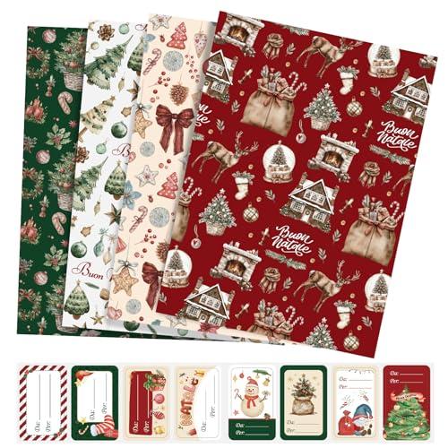 LEMESO Carta Regalo Natale Grande Carta Regalo Natalizia Vintage 4 Motivi con 8 Etichette Adesive Confezioni Pacchi Natalizie Bambini Imballaggio Regali Natale