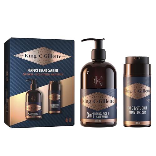 King C. Gillette, Kit Regalo, Kit Rituale Perfetto Con Detergente Barba, Viso E Capelli 3 In 1, 350 ml E Crema Barba, 100 ml Per Barba Incolta