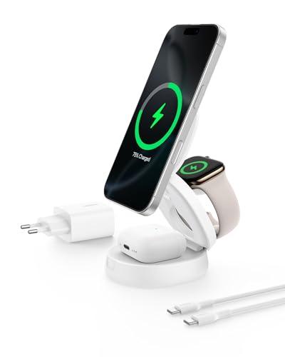Belkin BoostCharge Caricatore Wireless Compatibile con MagSafe, Stazione di Ricarica wireless 3 in 1, Qi2 15 W per iPhone 17, Air, Apple Watch, AirPods, Pixelsnap, alimentatore da 36W - Bianco