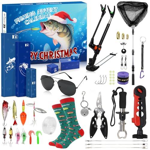 Calendario dell'Avvento 2025 per la pesca per uomini, 24 giorni di accessori per la pesca, calendario dell'Avvento con porta canna da pesca, porta ami, pinze per ami, calendario con perline