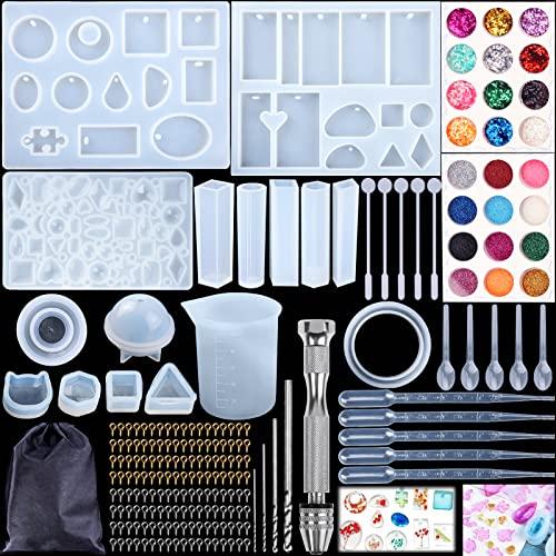 Amzeeniu 156PCS Resina Stampi Silicon Gioielli,Resina Casting Kit Silicone Set di Strumenti,Artigianato per gioielli fai-da-te,con Sacchetto di Stoccaggio e Trapano,per Creazione di Pendenti