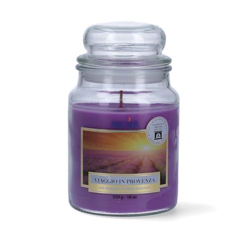 Magic Lights - Candela giara 510 gr Viaggio in Provenza - Lavanda con cera vegetale min. 75% - stoppino in legno naturale che scoppietta, Made in Italy