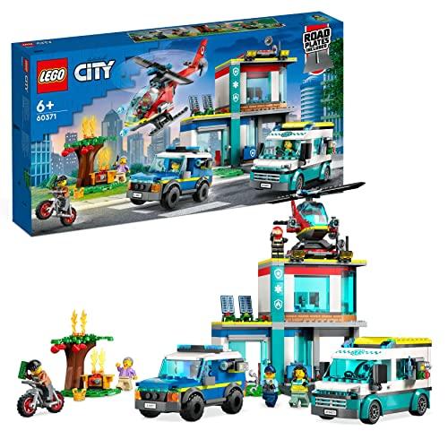 LEGO City Quartier Generale Veicoli d’Emergenza con Elicottero, Ambulanza, Macchina Polizia e Moto Giocattolo, Giochi per Bambini e Bambine 60371