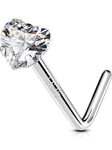 OUFER 925 Sterling Silver Nose Stud S L Nose Rings Screw 20G Nostril Solid 3 mm Heart/Star CZ Body Piercings Jewellery Cartilage Earrings for Women Men