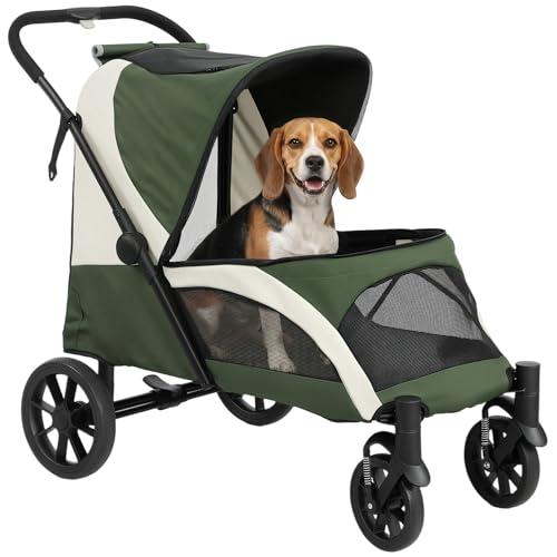 PawHut Passeggino pieghevole per cani e gatti di grossa taglia fino a 30 kg, con cuscino, finestra a rete, portaoggetti, per gatti, colore: verde scuro