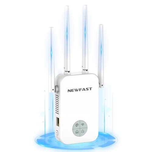 NEWFAST Ripetitore WiFi Potente per Casa, 1200Mbps WiFi Extender Dual Band 2.4GHz/5GHz con 4 Antenne ad Alto Guadagno, Porta Ethernet, WPS, Display Intelligente, Supporta 3 Modalità(Bianco)