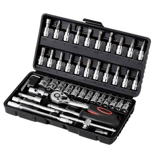 Ordeluxe 46 pcs Cr-V Set chiavi a cricchetto,Set chiavi a bussola,Chiave a cricchetto con 72 denti Cricchetto 1/4