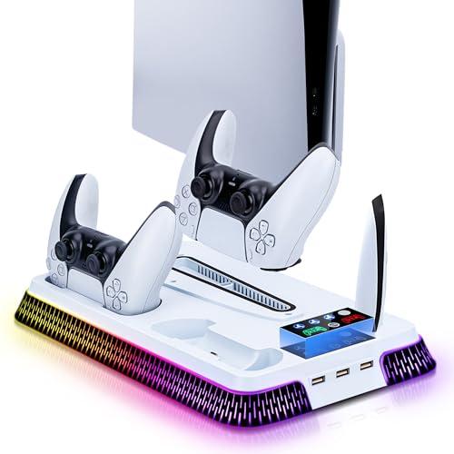 Wigearss Supporto Verticale Raffreddamento PS5/PS5 Slim/PS5 Pro con Doppio Caricatore Controller, Base di Ricarica Joystick PS5 con Ventola Raffreddamento, Illuminazione RGB per PS5/PS5 Slim/PS5 Pro