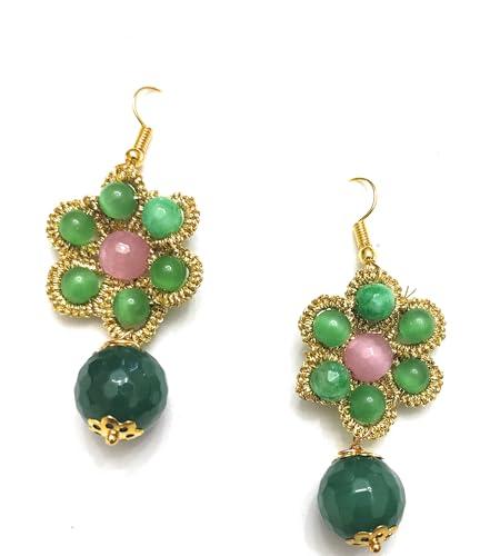 Orecchini al chiacchierino colore oro con pietre colore rosa e verde