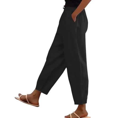 Pantaloni estivi da donna in cotone e lino a gamba larga con coulisse in vita elastica pantaloni di lino ritagliati tinta unita a vita alta pantaloni leggeri casual per tutti i giorni pantaloni da